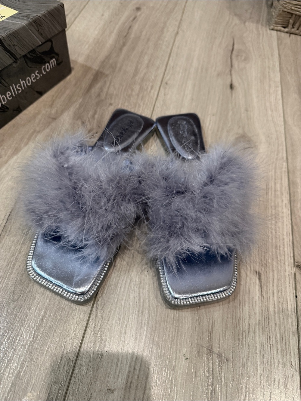 Jeffrey Campbell Grey Feather Rhinestone Slide Mules